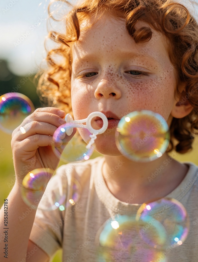 Obraz premium Little redheaded boy with freckles blows colorful soap bubbles outdoors. Curly hair child plays with bubble wand on sunny summer day. Happy kid enjoys carefree childhood activity in nature under