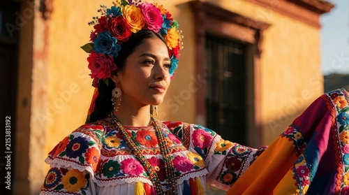 Woman in traditional colorful Mexican dress and flower crown poses outdoors. Rich embroidery detail on clothing and vibrant floral headdress worn with pride and elegance.