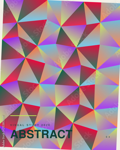 Geometric mosaic pattern featuring multicolored gradient triangles, with bold dark text overlay and a bright lime green horizontal line accent
