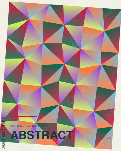 Geometric mosaic pattern with gradient triangles, featuring abstract multicolored shapes and bold text overlay on a light background