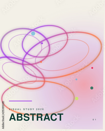 Intersecting neon rings and colorful floating dots on a soft gradient background, with minimalist typography, and geometric line