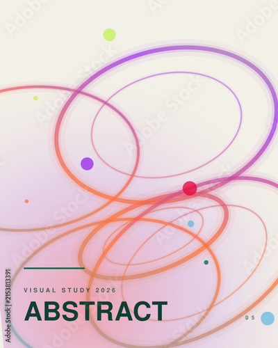 Abstract composition with overlapping neon-colored elliptical rings, floating circular dots, and minimalist typography on a light background