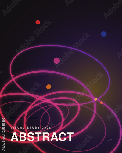 Intersecting neon pink and purple elliptical rings with scattered colorful circles on a dark gradient background, featuring minimalist typography