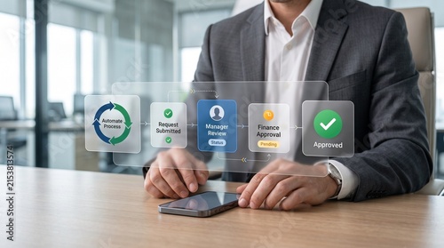 Businessman rests hands on office desk near smartphone while reviewing floating workflow automation diagram interface.