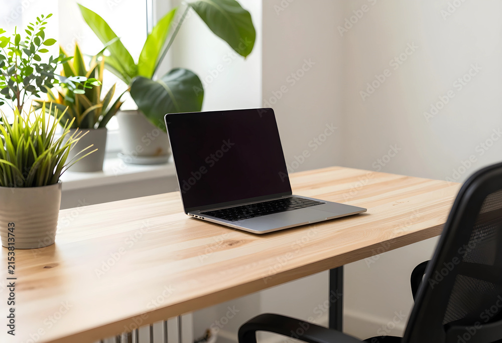 Fototapeta premium Modern laptop on a light wooden desk with Potted green plants by a window, home office workspace
