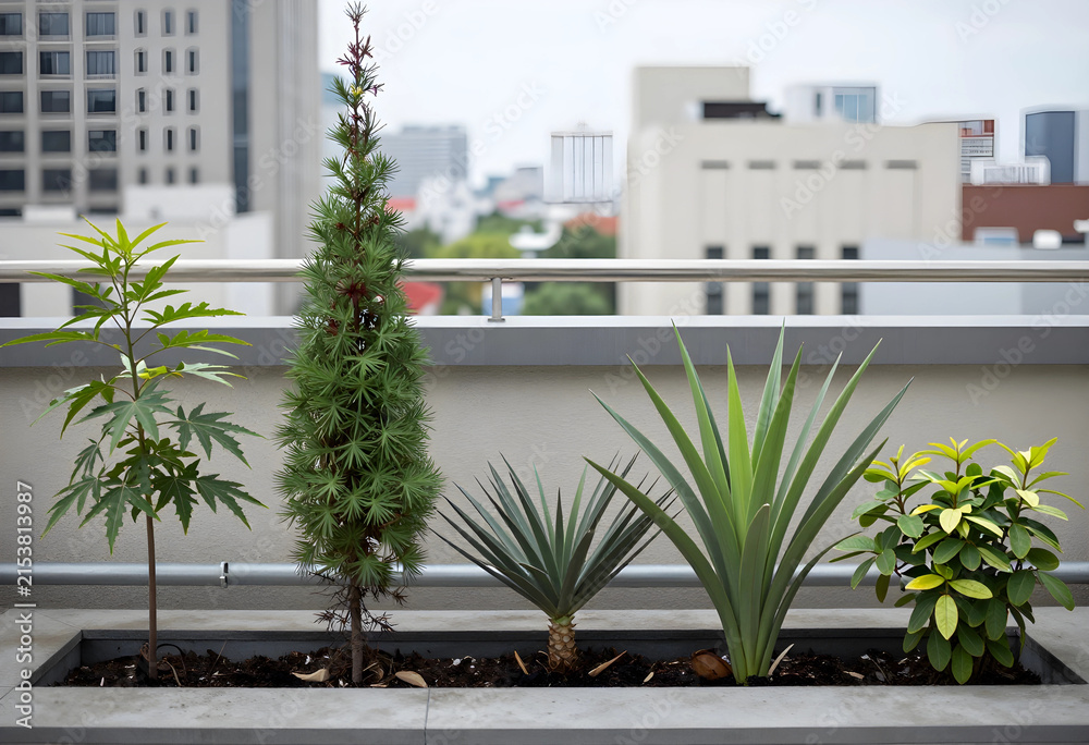 Obraz premium Rooftop garden with diverse green plants in a planter box against a blurred city skyline background, the urban setting includes a blurred city skyline with modern buildings in the background