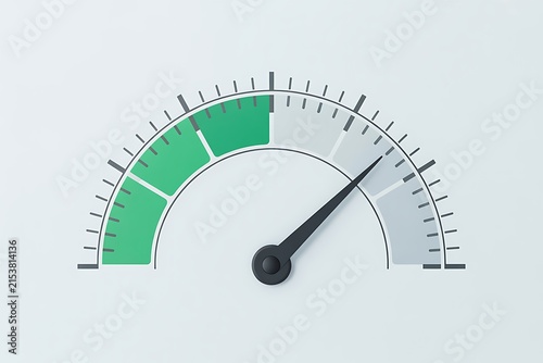 Minimalist speedometer gauge showing high performance with green and white dial in 3D render