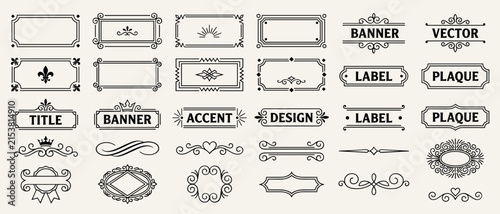 Vintage Ornate Frames and Labels Vector Set with Banner Plaque Ribbon Swirl Divider Ornaments for Decorative Design