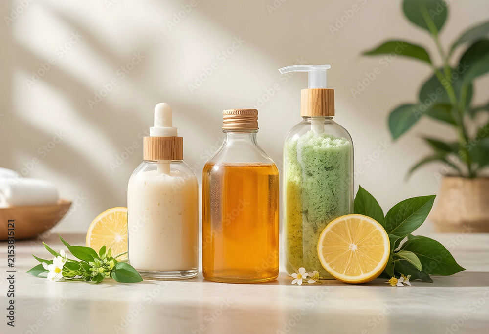 Fototapeta premium Natural beauty products with lemon and green leaves, organic skincare and wellness concept, spa treatment