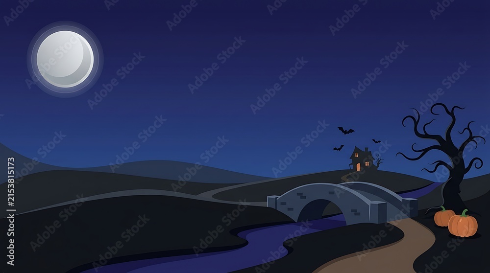 Obraz premium Spooky halloween night landscape with a full moon, haunted house on a hill, stone bridge over a river, and pumpkins