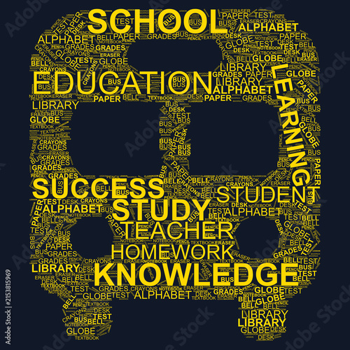Yellow School Bus Typography Text Collage Deep Ink Black Backdrop, perfect for student transportation marketing, back-to-school promotional banners, and classroom decorations