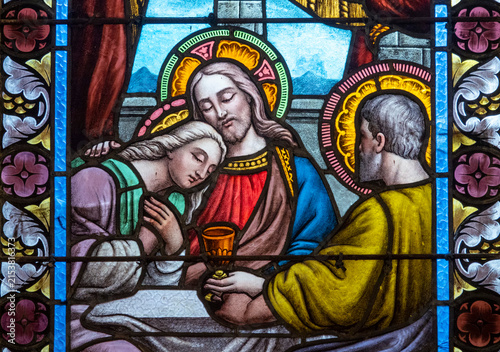 Принти на полотні Stained glass showing Jesus with beloved disciple John.