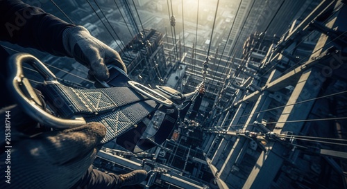 Extreme Height Construction Worker Safety Harness Preparation For Dangerous Climb