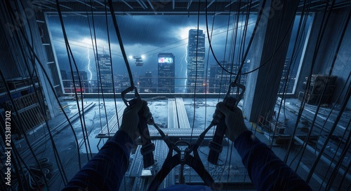 First Person View During Thunderstorm Over Cityscape
