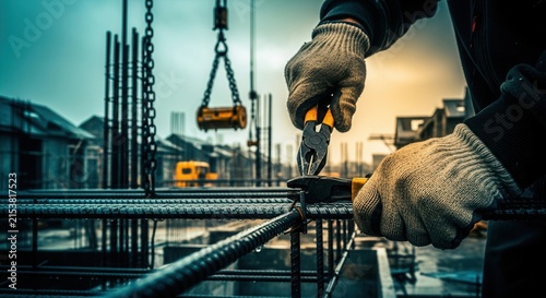 Construction Worker Focuses On Rebar Detailing During Urban Development Project