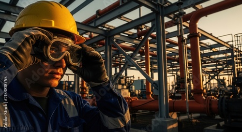 Industrial Worker Adjusting Safety Goggles At Refinery