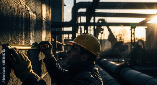 Industrial Worker Measuring Wall In Warm Sunset Light