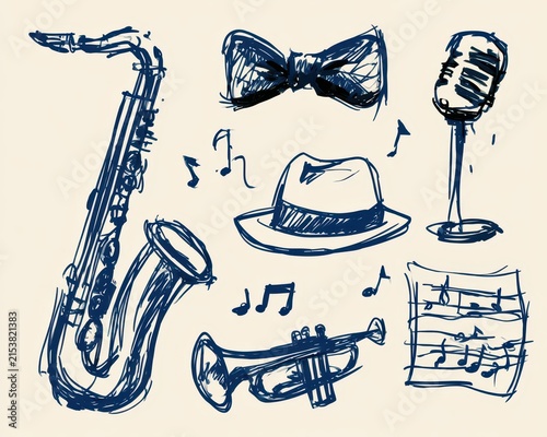 Set of handdrawn jazz music icons, blue ink sketch style illustrations including saxophone, bow tie, microphone, hat, musical notes, trumpet, and sheet music