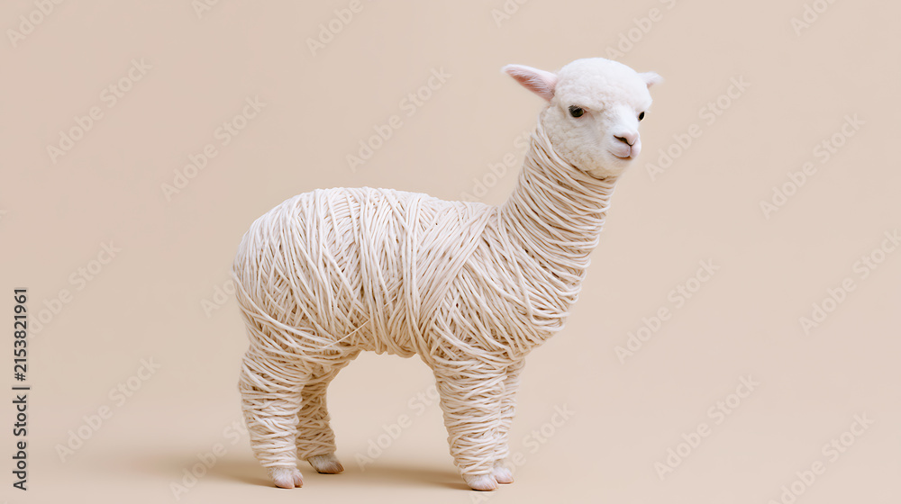 Naklejka premium Creative Alpaca Art: Adorable Woolen Creature with Yarn Body on a Minimalist Beige Background, Concept for Textile and Craft