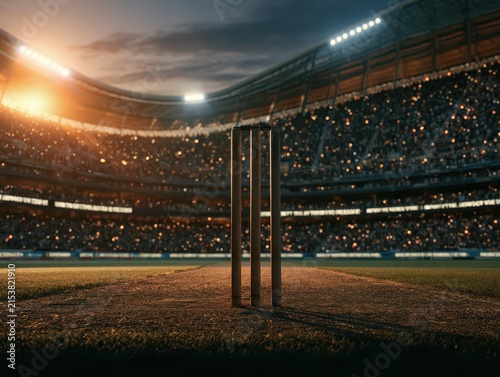 Close up view of cricket wickets on a pitch in a large stadium at night with bright stadium lights and blurred crowd in the background
