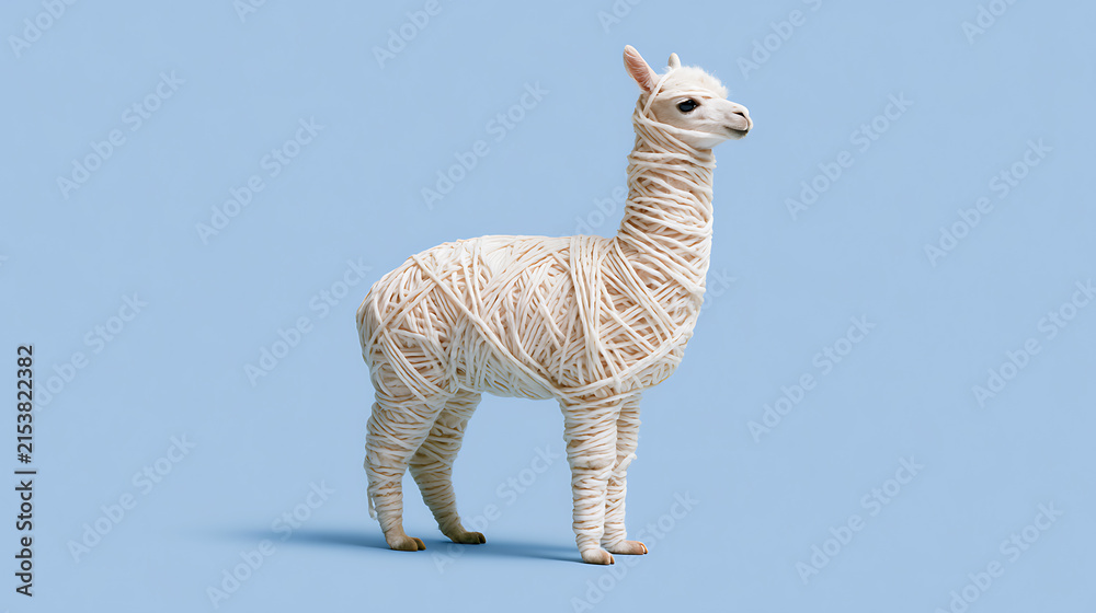 Obraz premium A charming llama or alpaca-like animal figure crafted entirely from white yarn stands gracefully against a vibrant light blue background, artful and whimsical