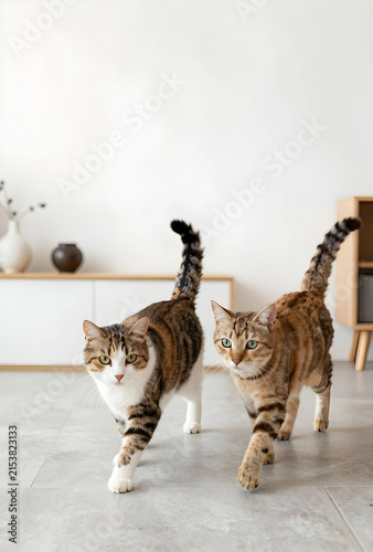 Two domestic tabby cats wal...