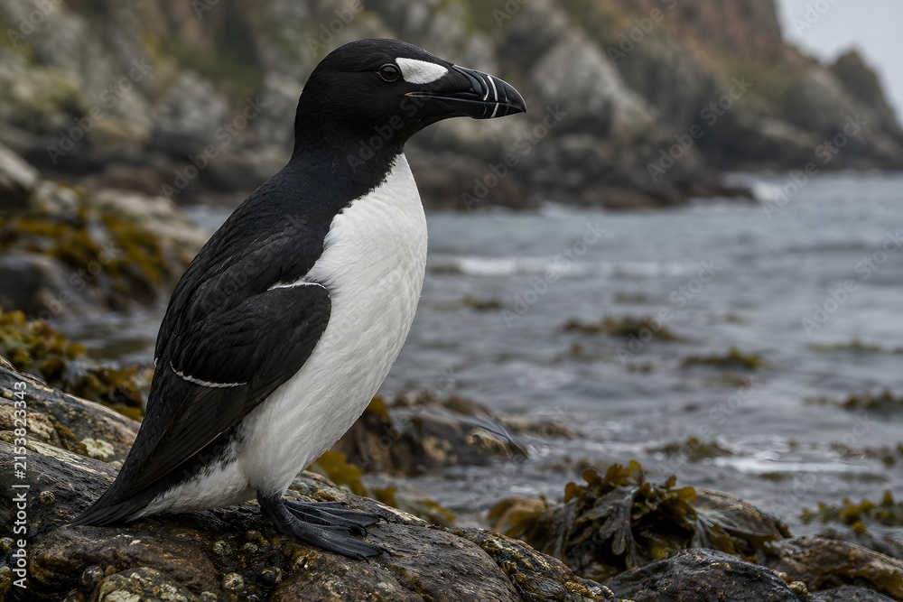 Fototapeta premium Ultra-realistic wildlife documentary reconstruction of the extinct Great Auk (Pinguinus impennis) standing naturally on a remote rocky North Atlantic coastline, surrounded by cold ocean waters