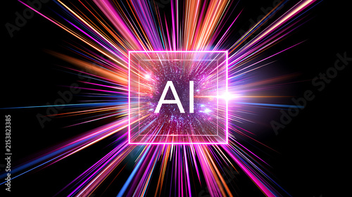 Dynamic Artificial Intelligence Concept with Glowing Letters and Abstract Light Rays on Dark Background, Representing Technology and Innovation