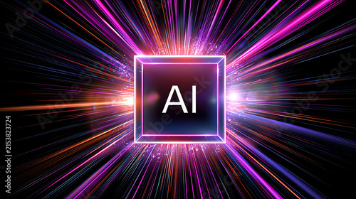 Abstract computer chip with AI text, surrounded by vibrant light rays and technological glow, symbolizing artificial intelligence power and speed