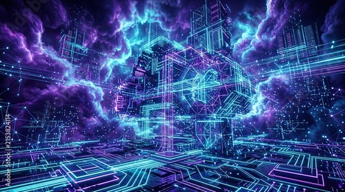 Futuristic digital landscape with glowing neon circuit board patterns, abstract data structures, and swirling purple and blue nebula clouds in cyberspace