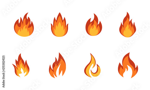 Vivid orange and red flames dance brightly set. Vector icon