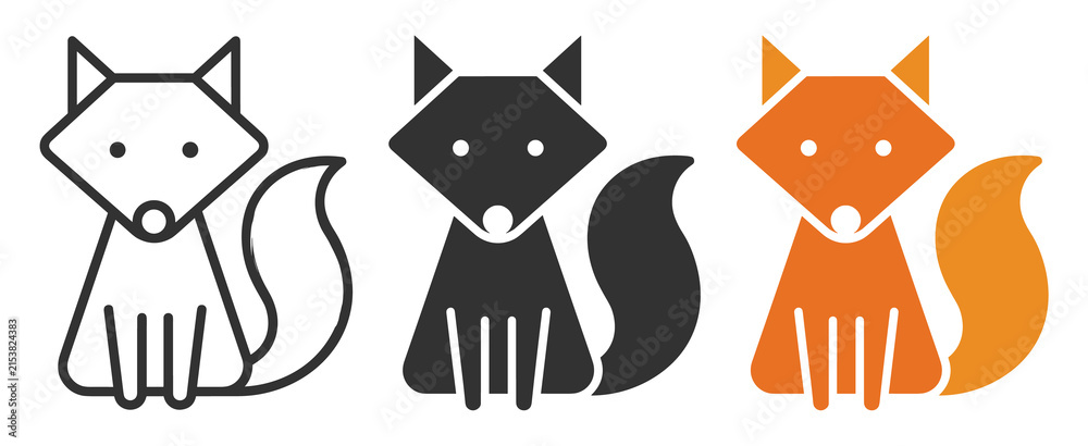 Fototapeta premium fox icon set including outline, filled, and flat orange vector animal illustrations on transparent background