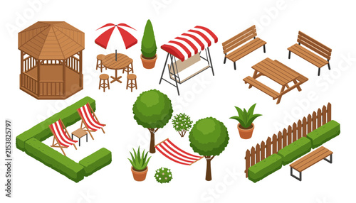 Garden furniture vector collection featuring wooden gazebo picnic table bench hammock deck chairs and backyard backyard elements