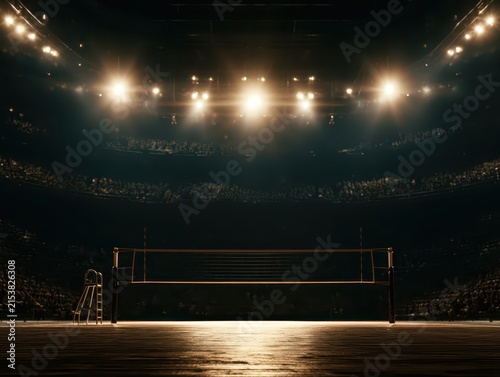 Empty volleyball court in a large dark stadium with bright arena lighting