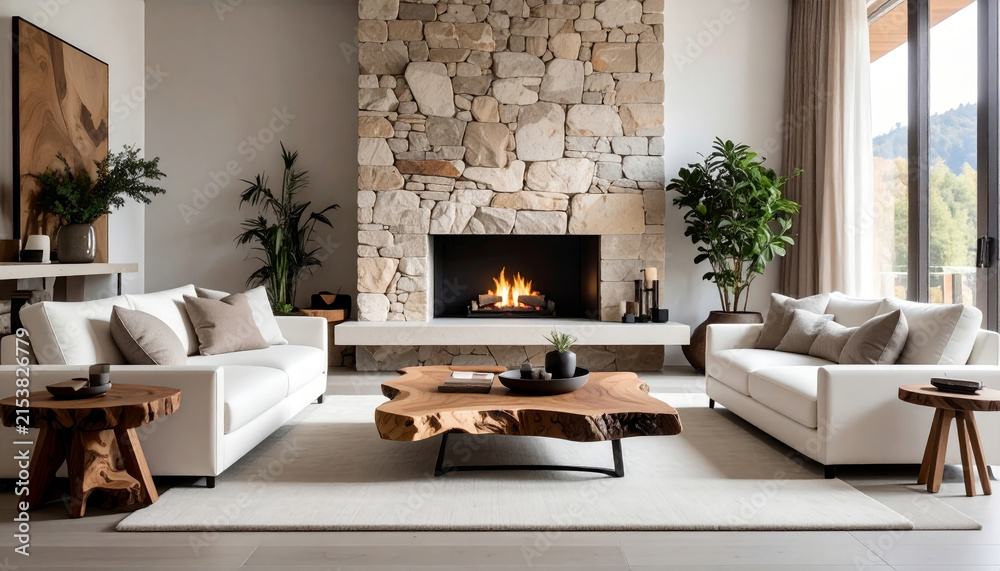 Fototapeta premium Modern living room interior with stone fireplace and white sofas