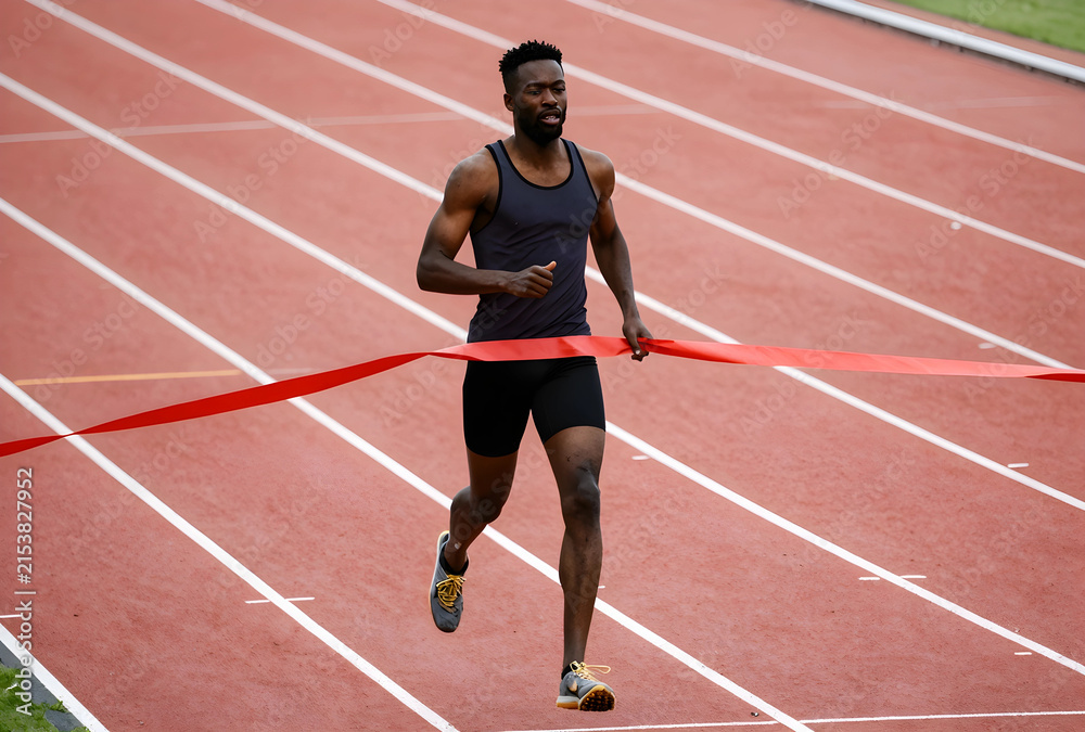 Obraz premium African american male athlete crossing the finish line on a red track, achievement and success in sports, the runner demonstrates determination and focus during the competition