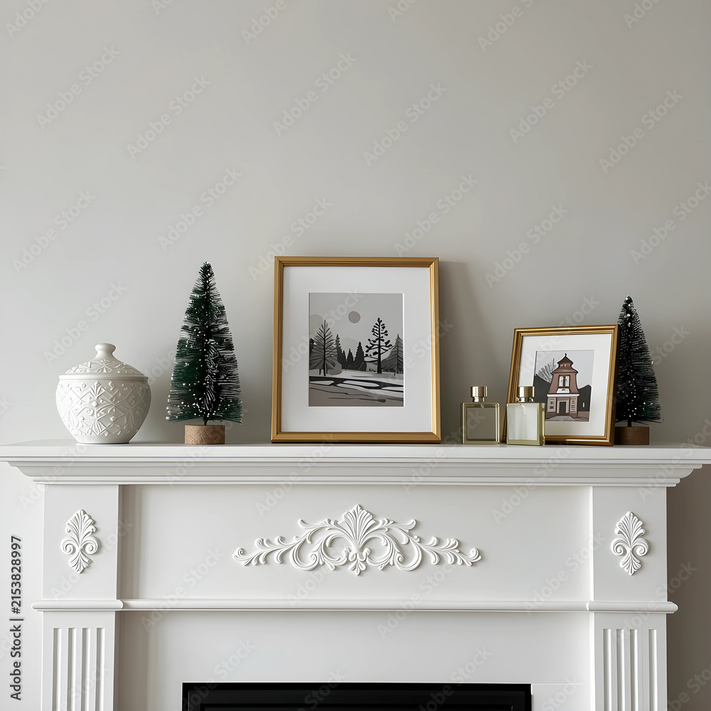 Fototapeta premium White fireplace mantel with decorative elements, framed art, and small Christmas trees, home interior decor