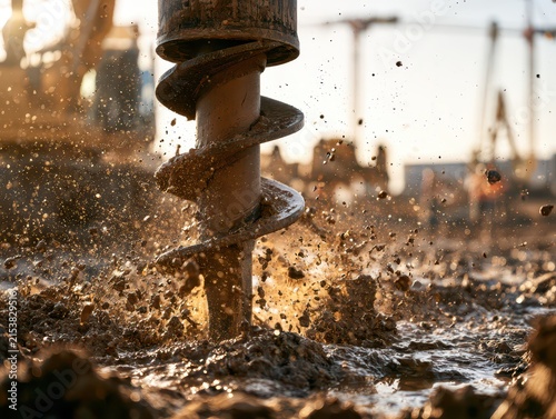 Industrial earth auger drilling into wet mud at construction site