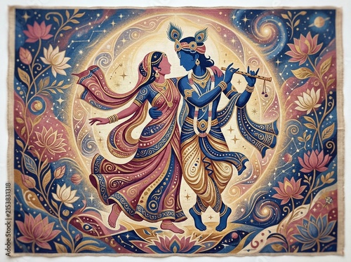 Radha Krishna playing flute in vibrant traditional Indian decorative devotional artwork