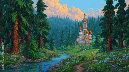 A picturesque, pixelated forest scene.  A church nestled in a valley