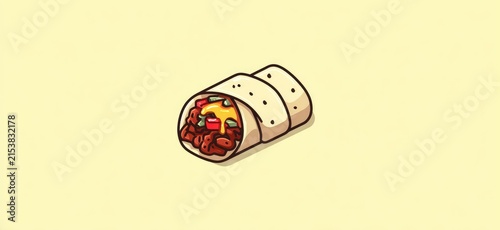 Cartoon burrito with filling and cheese sauce