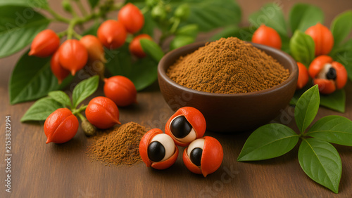 Fresh red guarana fruits paullinia cupana with green leaves and wooden bowl of brown guarana powder on wooden surface tropical superfood ingredient closeup.