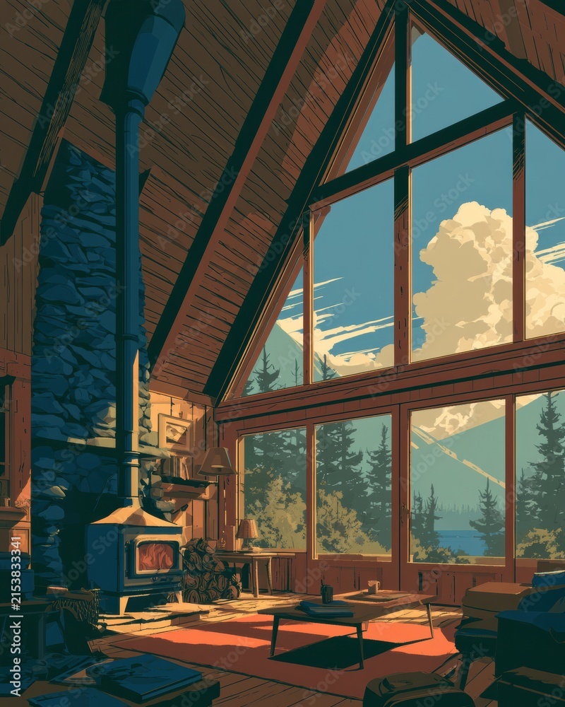 Fototapeta premium In a vintage lodge, a fireplace warms the room, inviting guests to relax and enjoy the scenic view of trees and mountains outside.