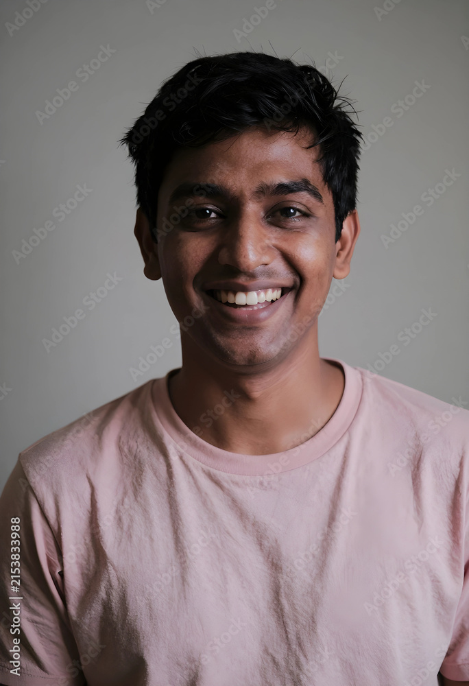Fototapeta premium Smiling young indian man with dark hair and a pink t-shirt looking directly at the camera with a happy expression, He has a happy and friendly expression, joy and confidence