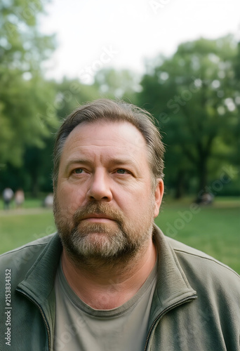 Mature man with a beard looking up thoughtfully in a park, natural light portrait, outdoor setting