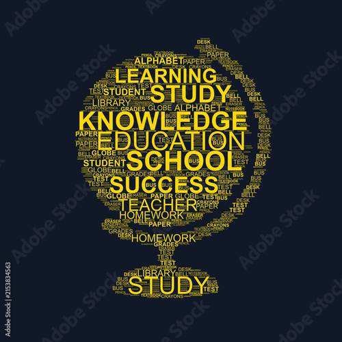Educational Globe Word Cloud Typography Yellow Silhouette On Deep Ink Background, perfect for geography lessons, global education marketing, school classroom decorations, and academic presentations