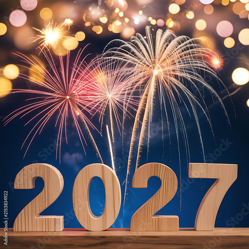 2027 New Year Celebration with Colorful Fireworks and Festive Bokeh Lights