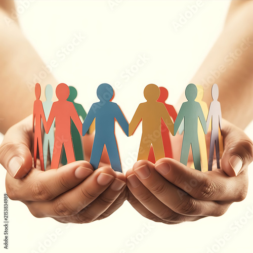 Diversity and Community Support Concept with Hands Holding Colorful People Figures