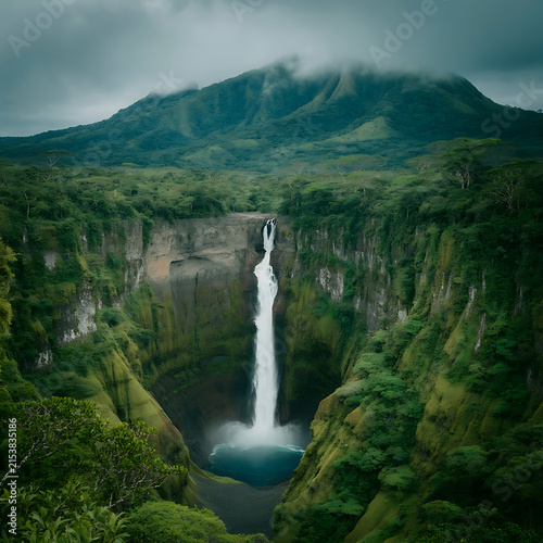 Majestic Waterfall Flowing Through Lush Green Mountain Valley