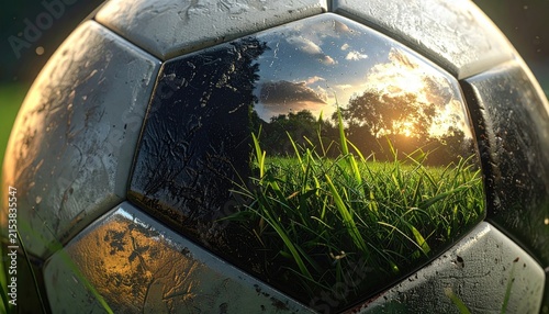 A weathered ball with nature scene reflected in its polished surface